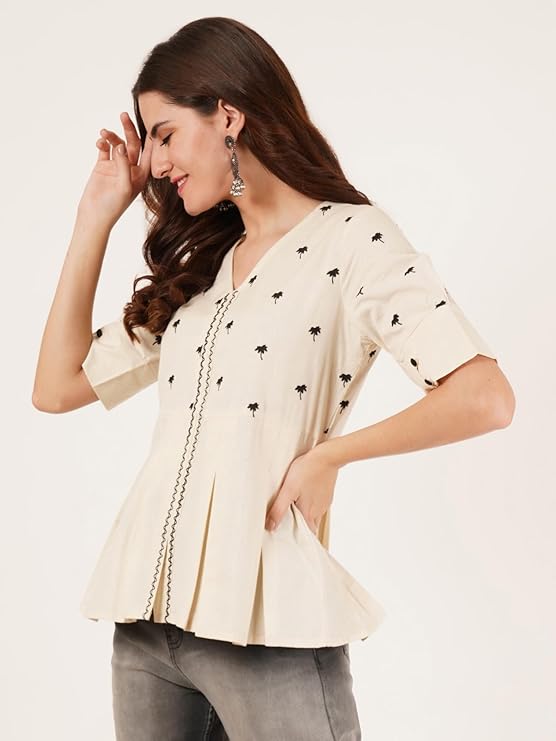 Brownverse Pure Cotton Embroidered Women Short Kurti
